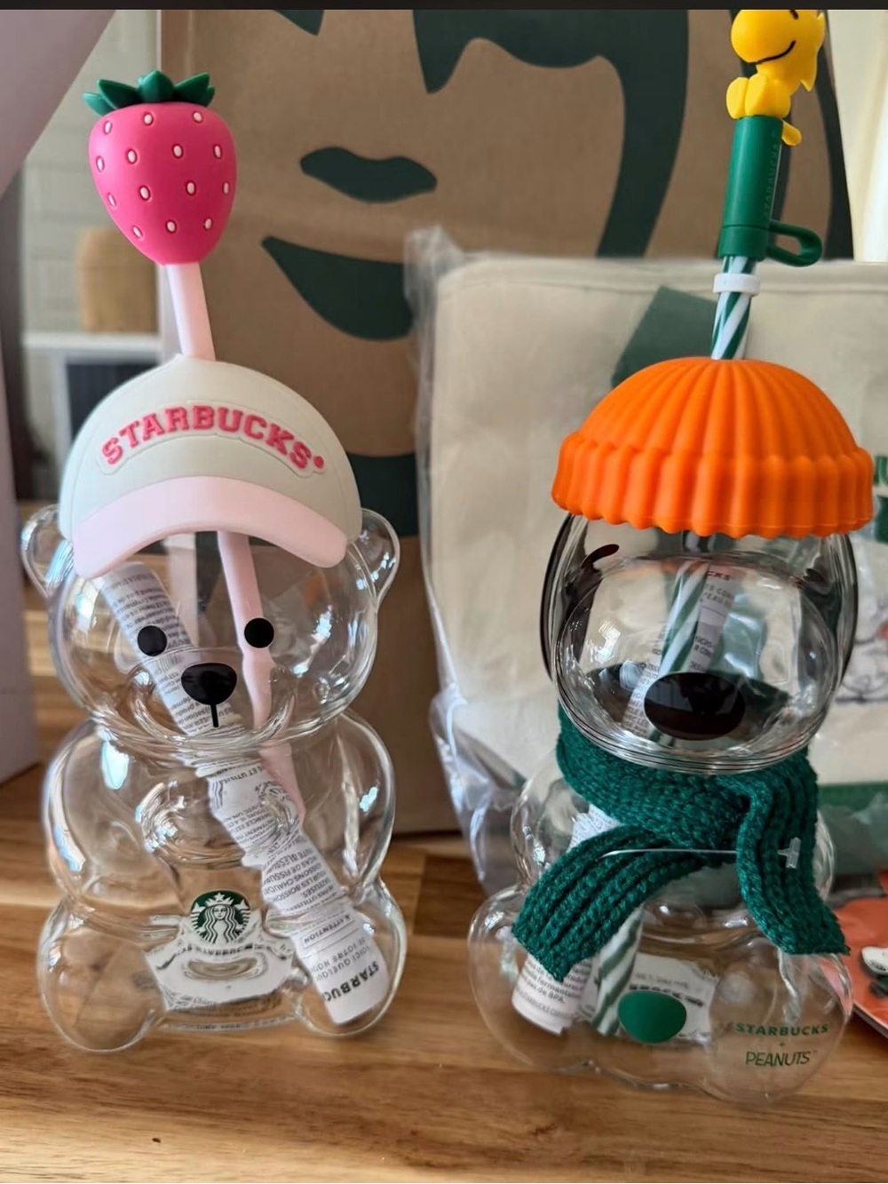 Starbucks Clear Bear Straw Cup Set with Pink Strawberry Lid and Orange Knit Cap